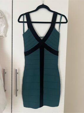 BCBGeneration Teal and Black Bandage Dress with Cross-Front Detail